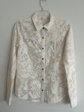 Shyanne Women's Solid Lace Cream Western Inspired Long Sleeve Snap Shirt NEW